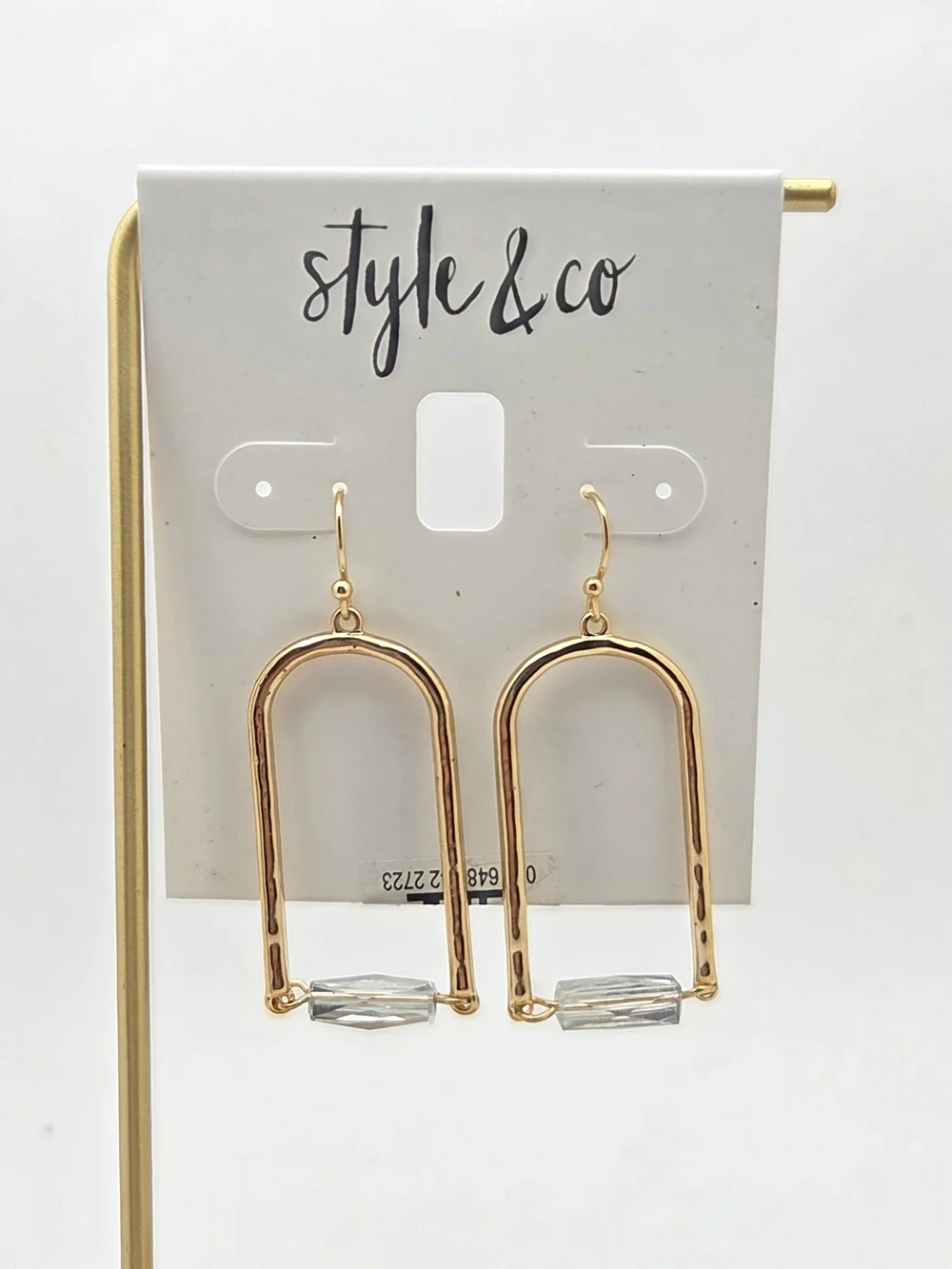 Style & Co Gold Tone Geometric Arch Drop Earrings Clear Faceted Bead NWT